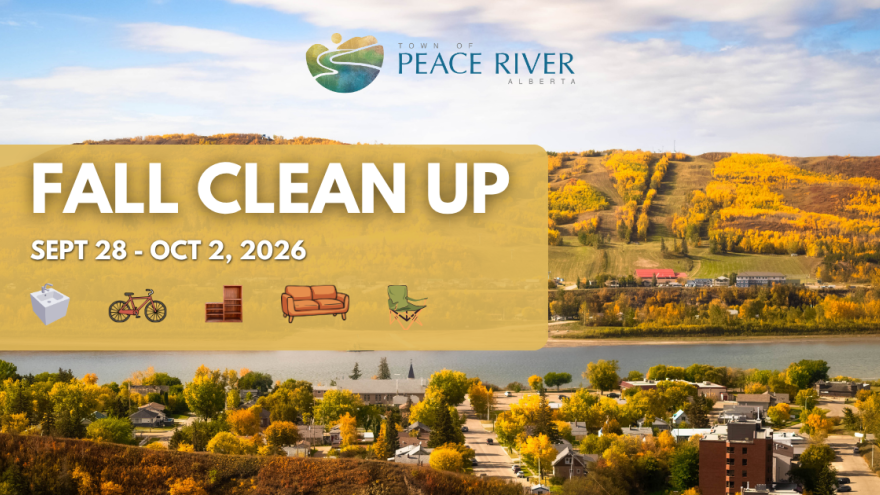 A fall scene in Peace River with golden yellow leaves. Text overlay says Fall Clean Up and small images show a sink, bike, shelf, couch, and chair.