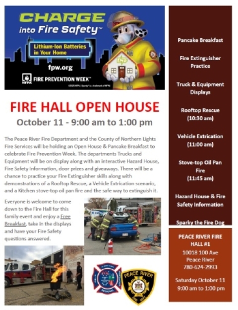 A flyer for the Fire Hall Open House - Saturday October 11th, 9:00 am to 1:00 pm.