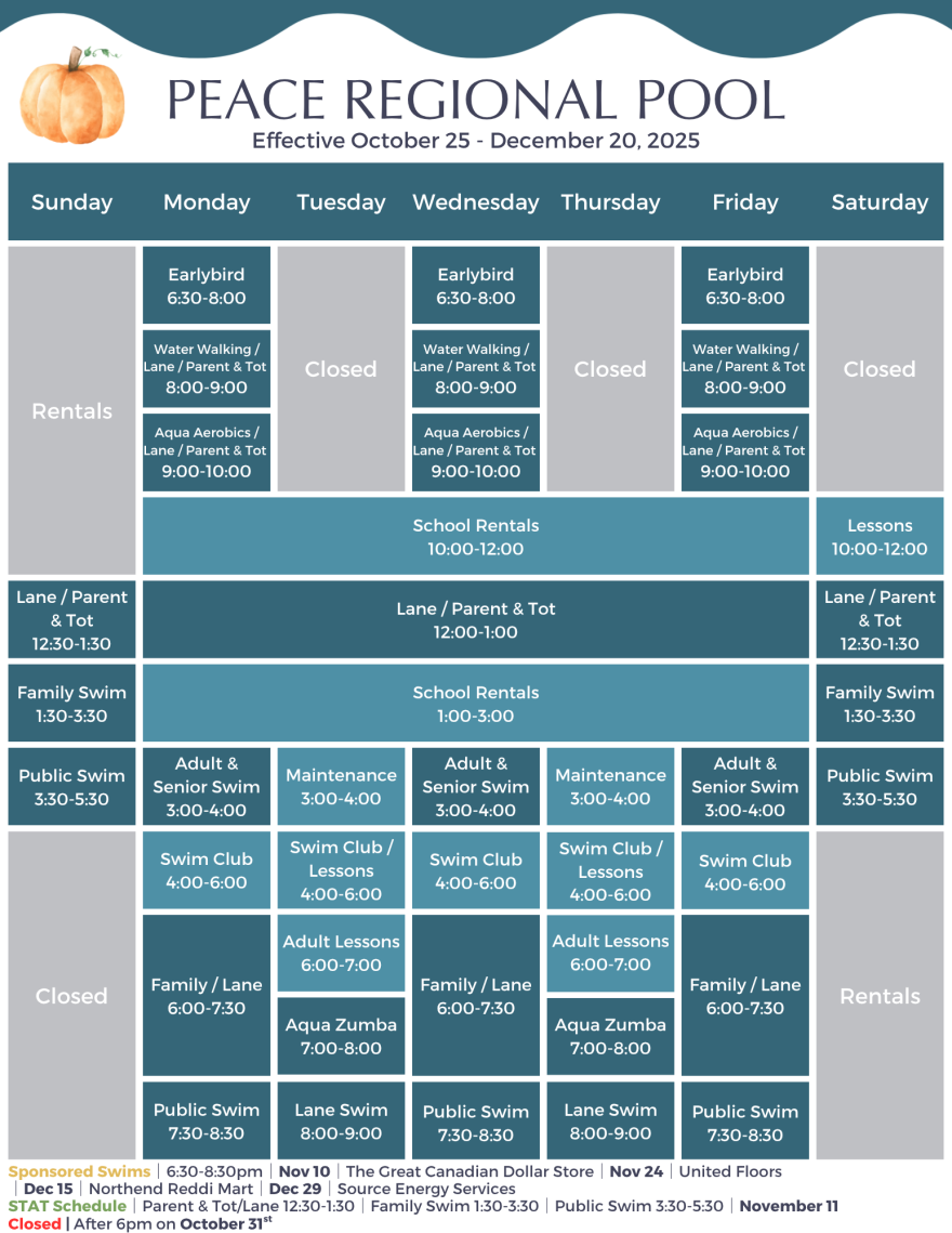 For an audible version of the pool schedule, please call 780 624 3720