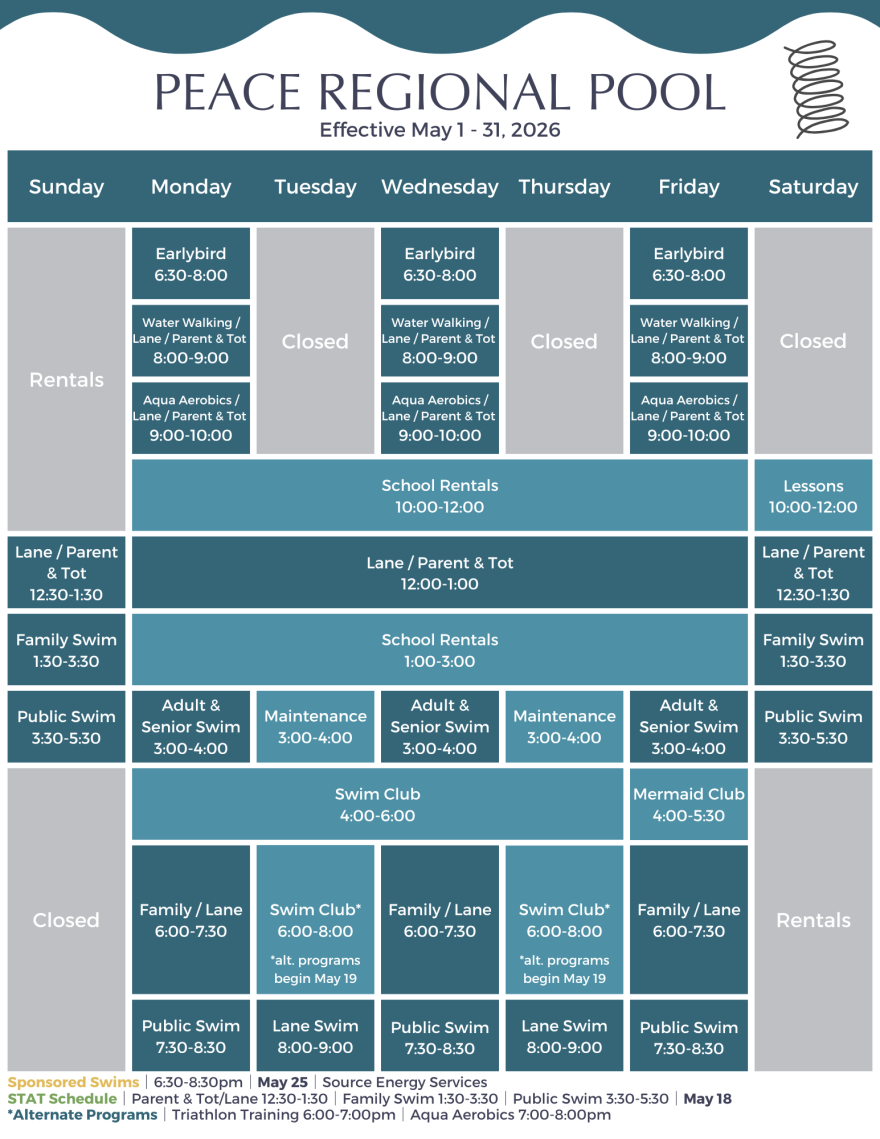 For an audible version of the pool schedule, please call 780 624 3720