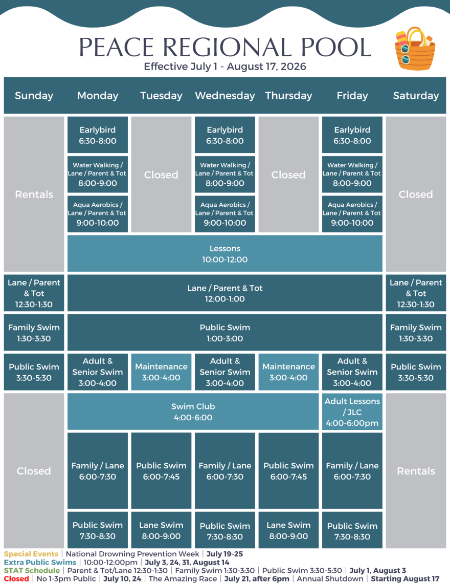 For an audible version of the pool schedule, please call 780 624 3720