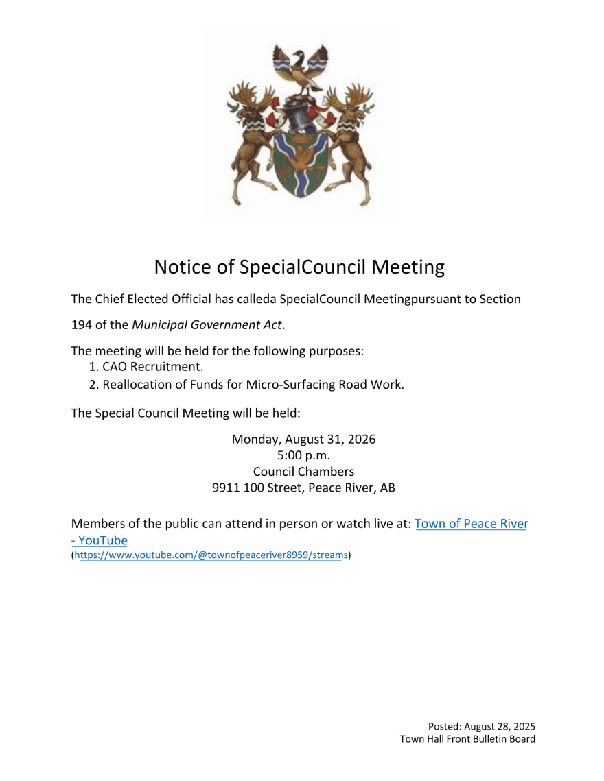 Official notice of Special Council Meeting
