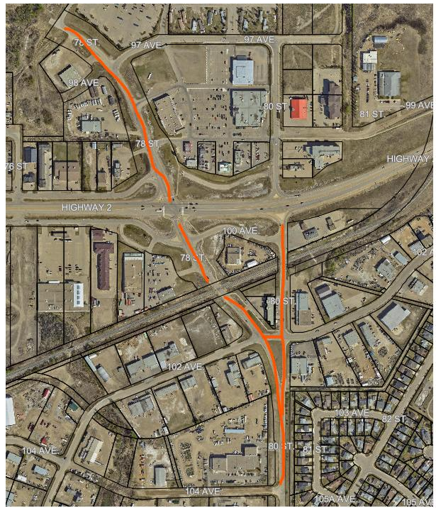 Map of work zone showing 78 Street and 80 Street in Peace River