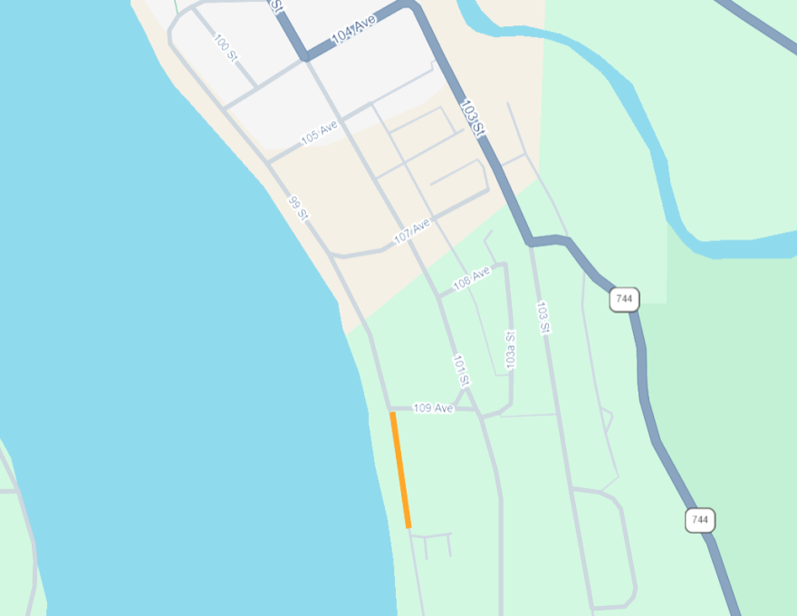 Map showing a small section of 99 street south of 109 Avenue highlighted in orange