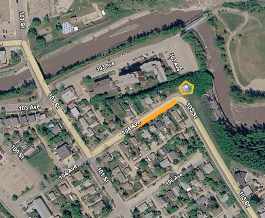 map showing work zone on 104 Avenue