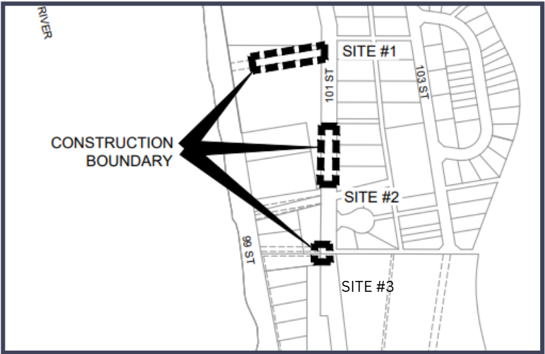 Technical map showing three distinct work areas