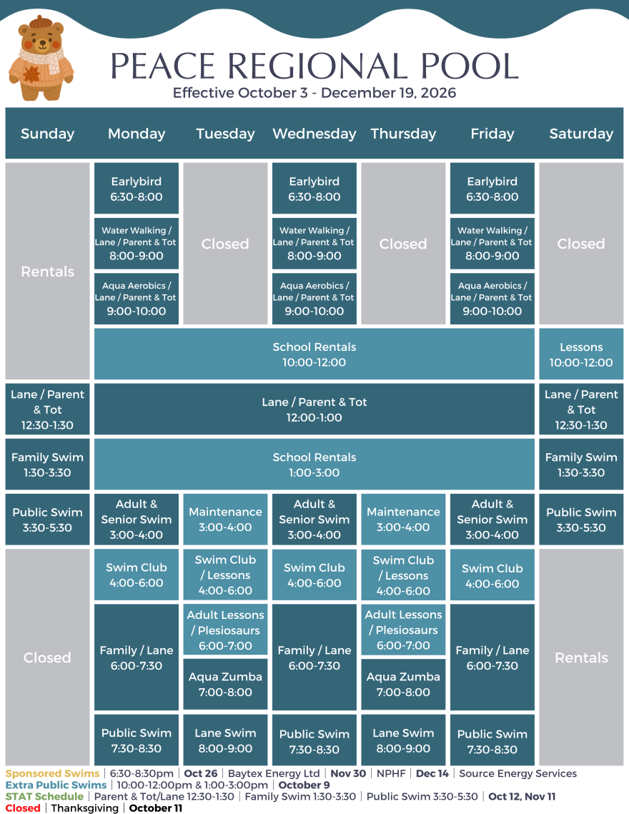 For an audible schedule, please call the pool at 780-624-3720